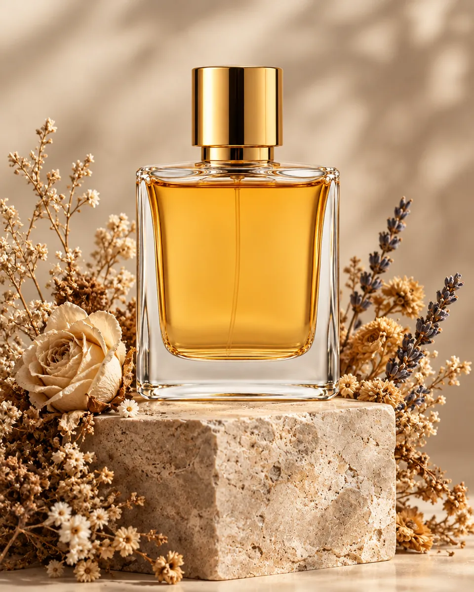 Perfume bottle on a stone pedestal with dried flowers